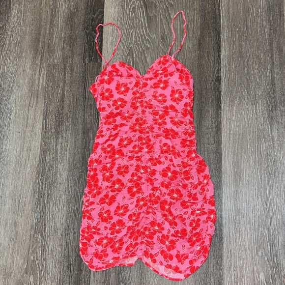 Zara Women's Pink Red Floral Twisted Bodice Mini Dress Spaghetti Strap XS - Picture 4 of 6